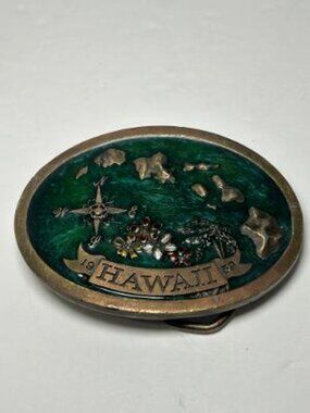 HAWAII Solid Brass Belt Buckle Indiana Metal Craft USA 1977 Vintage 1970s